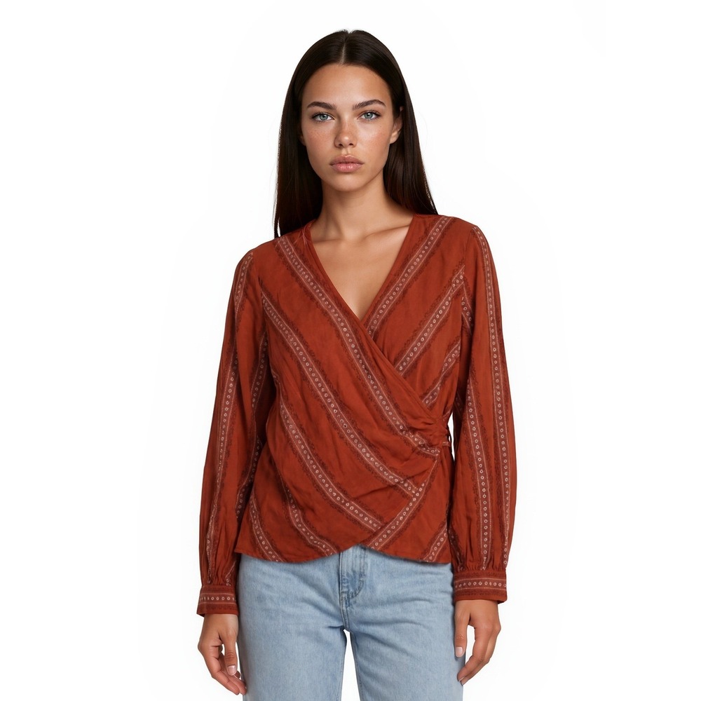 Maeve Anthropologie Blouse Women's Size Large Rust Orange Boho Wrap Stripe
